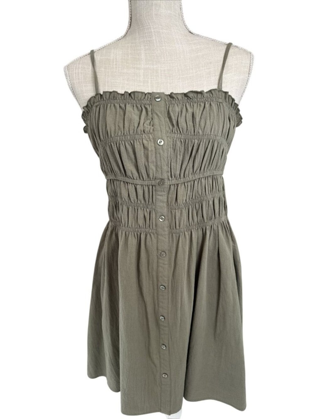 Hesperus Olive Green Smocked Button-Front Sundress 100% Cotton XL